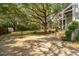 Spacious yard with large mature tree, basketball court and back exterior of home with an American flag at 2217 Ramsay St, Charleston, SC 29412