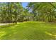 Expansive backyard with verdant lawn, mature trees, and a secure black metal fence at 6464 Saint Anthony Dr, Meggett, SC 29449