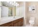 Well-lit bathroom featuring a large mirror, wooden cabinets, and a walk-in shower at 8739 Grassy Oak Trl, North Charleston, SC 29420