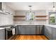 Stylish kitchen features gray cabinets, stainless steel appliances, and open wood shelves, offering a modern and functional design at 1203 Forestwood Dr, Charleston, SC 29407