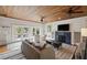 Inviting living room featuring a fireplace, comfortable seating, wood ceiling, and access to outdoor spaces at 2218 Myrtle Ave, Sullivans Island, SC 29482