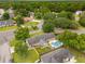 An aerial view of a single Gathering home with a backyard pool surrounded by mature trees at 2942 Foxhall Rd, Charleston, SC 29414
