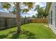 Backyard with a well-maintained lawn, a palm tree, and wood fences at 2942 Foxhall Rd, Charleston, SC 29414