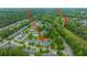 Aerial view of neighborhood featuring lush green spaces, a serene pond, and a community pool nestled among mature trees at 3012 Candela Grove Dr, Charleston, SC 29414