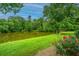Scenic backyard view features a tranquil pond and lush greenery with blooming roses at 3012 Candela Grove Dr, Charleston, SC 29414