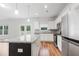 Modern kitchen with an island, granite countertops, and stainless steel appliances at 304 Torslanda Ln, Summerville, SC 29486