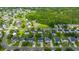 An aerial view shows the property in its mature neighborhood near a pond and a green space at 311 Aberdeen Cir, Summerville, SC 29483