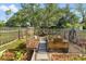 Backyard garden featuring multiple raised garden beds, stone pathways, and a wood fence at 689 Port Cir, Charleston, SC 29412
