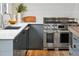 Close-up of a gourmet stainless range, marble countertops, and shaker cabinets in a modern kitchen at 922 Kincade Dr, Mount Pleasant, SC 29464