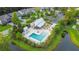 An aerial shot reveals a community pool with ample lounge chairs, tables with umbrellas, and lush landscaping at 1309 Belgian Draft Dr, Mount Pleasant, SC 29466