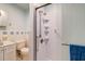 Bathroom showcases a shower stall with safety bars and corner shelves and a vanity with a toilet at 1384 Tibwin Rd, McClellanville, SC 29458