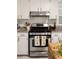 Close up of the stainless steel range with granite countertops and white cabinets at 1417 Downing St, Charleston, SC 29407