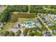 Overhead view shows a pool, playground, basketball court and pond surrounded by trees in a neighborhood at 417 Verbena Ave, Summerville, SC 29483