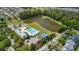 Overhead shot of a community featuring a large pool, playground, basketball court, and a serene pond at 417 Verbena Ave, Summerville, SC 29483