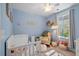 Charming Bedroom features soft blue walls, a crib, and a cozy chair, creating a warm space at 417 Verbena Ave, Summerville, SC 29483