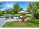 Inviting backyard with a pool, lounge chairs, and outdoor seating area under a shade umbrella at 619 Thomas Glenn Ct, Charleston, SC 29412