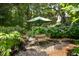 Charming outdoor patio with an umbrella, table, and chairs, surrounded by lush greenery and hydrangeas at 907 High Nest Ln, Charleston, SC 29412