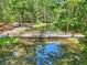 Aerial view of a serene pond with a wooden bridge, reflecting the clear sky and lush surroundings at 100 Dacs Ln, Summerville, SC 29483