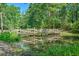 Charming wooden bridge over a tranquil pond, surrounded by lush greenery and reflections at 100 Dacs Ln, Summerville, SC 29483