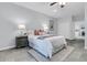 Cozy bedroom with cool toned walls, gray floors, bedside lamps, and a comfortable-looking queen size bed at 1085 Harts Bluff Rd, Wadmalaw Island, SC 29487