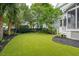 Well-manicured backyard with lush turf, palm trees, and privacy landscaping at 1407 Wando View St, Daniel Island, SC 29492