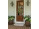 Elegant wood front door flanked by decorative planters and stylish outdoor lanterns at 1407 Wando View St, Daniel Island, SC 29492