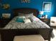 Bright main bedroom featuring a large bed, dark furniture, and modern decor on a bright blue wall at 1720 Restoration Ct, Charleston, SC 29414