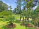 Secluded backyard view with wrought iron fence, mature trees, and golf course access at 195 Prestwick Ct, Summerville, SC 29483