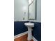 A powder room with a pedestal sink, wood floors, and modern design elements at 213 Crossandra Ave, Summerville, SC 29483