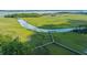 Breathtaking aerial view of a scenic community, showcasing winding waterways and lush marshland with a long wooden dock at 246 Slipper Shell Ct, Mount Pleasant, SC 29464