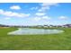 Scenic pond surrounded by green grass and houses in a residential area at 306 Lucca Dr, Summerville, SC 29486