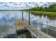 Modern dock with boat slip extending over peaceful water; offers beautiful waterfront access and enjoyment at 544 Two Mile Run, Johns Island, SC 29455
