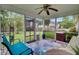 This screened porch includes a ceiling fan, plenty of seating, and a view of the backyard at 104 Lancaster Ct, Goose Creek, SC 29445