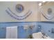 Retro bathroom with blue tile walls, white sink, and unique crochet decorations at 1430 Brian Rd, Charleston, SC 29407