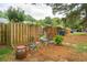 Backyard with a wooden fence, table and chairs, and plants on a bed of pine straw at 1505 Blaze Ln, Charleston, SC 29412