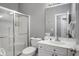 Bathroom featuring a glass-enclosed shower, a vanity with storage, and contemporary fixtures at 163 Golfview Ln, Summerville, SC 29485