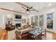 Inviting living room with a fireplace, comfortable leather seating, and seamless access to an outdoor space at 1809 Rushland Grove Ln, Johns Island, SC 29455