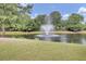 Scenic pond view featuring a central water fountain surrounded by lush landscaping and mature trees at 349 Waterlily Way, Summerville, SC 29486