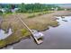 Aerial view of waterfront property featuring a private dock with a gazebo and marsh views at 4385 Ten Shillings Way, Ravenel, SC 29470