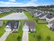 An aerial view shows a well-planned community with manicured lawns, serene pond, and neatly arranged homes, offering tranquil living at 123 Oyama Rd, Summerville, SC 29486