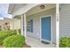 Close up of charming gray home with blue door and well-manicured landscaping at 159 Townsend Way, Summerville, SC 29483