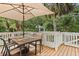 Outdoor dining area with a table, chairs, and umbrella on a wooden deck surrounded by lush greenery and palm trees at 1604 Jungle Rd, Edisto Island, SC 29438