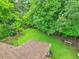 Aerial view of the backyard with lush greenery, mature trees, and a storage shed, highlighting the outdoor space at 1967 Campion Hall Rd, Charleston, SC 29407