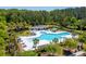 Aerial view of a community pool with lounge chairs, palm trees, and a covered pavilion at 2828 Wagner Way, Mount Pleasant, SC 29466