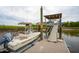 Modern boat alongside a private dock, offering convenient access to waterfront adventures and scenic views of the marsh at 2834 Parkers Landing Rd, Mount Pleasant, SC 29466
