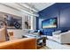 Cozy living room with a stylish leather sofa, artwork, and a TV displaying a beach scene at 4 Beaufain St # 207, Charleston, SC 29401