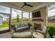 Relaxing screened porch featuring a brick fireplace, outdoor seating, and ceiling fan at 436 Ripple Park Dr, Summerville, SC 29486