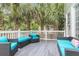 Outdoor deck featuring wicker furniture with turquoise cushions and several palm trees in the background at 591 Two Mile, Johns Island, SC 29455