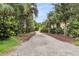 Long gravel driveway lined with lush greenery and mature trees leading to the property, offering privacy at 591 Two Mile, Johns Island, SC 29455