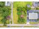 Top-down aerial shot showcasing property boundary, mature trees, and buildings of this commerical lot at 9612 Hoot Owl Ave, Ladson, SC 29456
